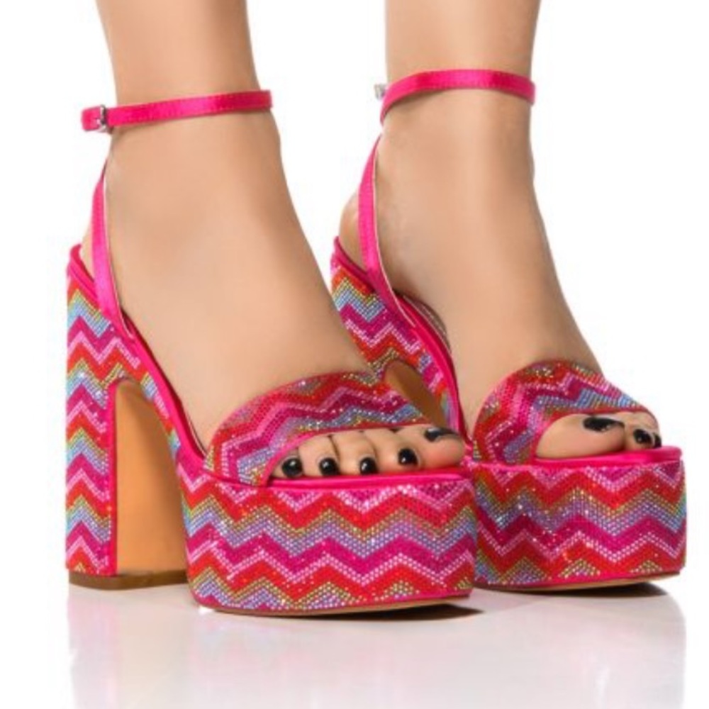 AZALEA WANG Vanna Rhinestone Platform Sandal Block Heels - Picture 4 of 10